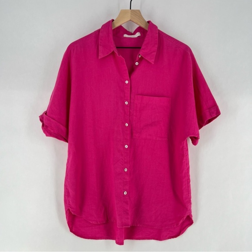Mango Pink Linen Boxy Relaxed Fit Dolman Short Sleeve Button Down‎ Shirt